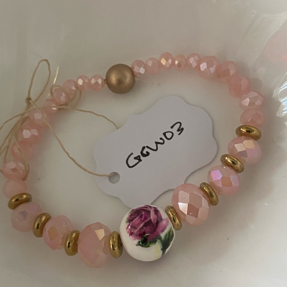 Pink and Gold Beaded Crystal Bracelet with Rose ceramic bead
